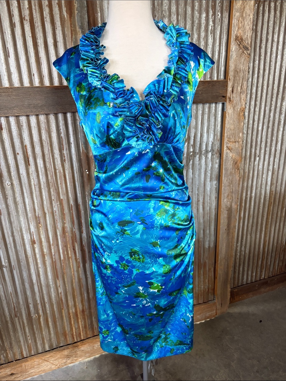 London Times Bright Blue & Green Ruffle V-Neck Midi Dress